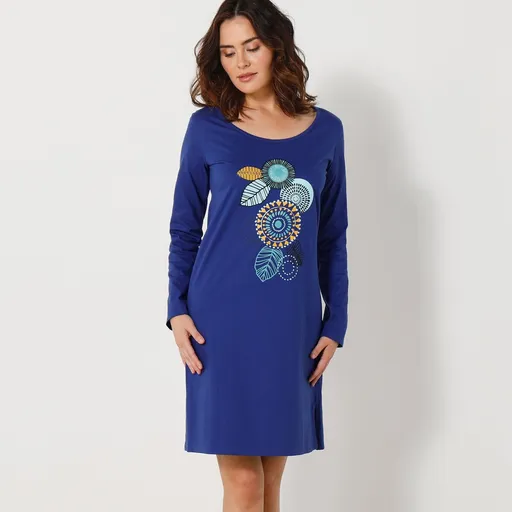 Cămașă de noapte scurtă cu mâneci lungi și imprimeu rozetă