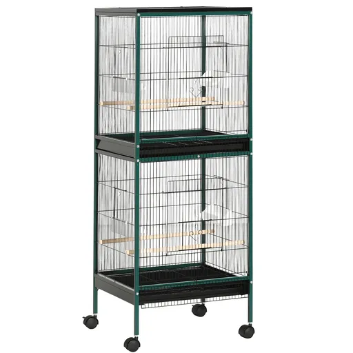 PawHut Colivie cu Două Nivele pentru Păsări, cu 4 Uși și Roți, 2 Tăvi Glisante pentru Întreținere Ușoară, 51,5L x 50l x 140H cm | Aosom Romania