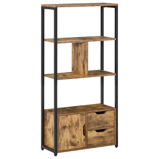HOMCOM Biblioteca cu 3 Rafturi, Dulap si 2 Sertare, Biblioteca Stil Industrial din PAL si Metal, 58x24x122 cm, Negru si Lemn natur | Aosom Romania