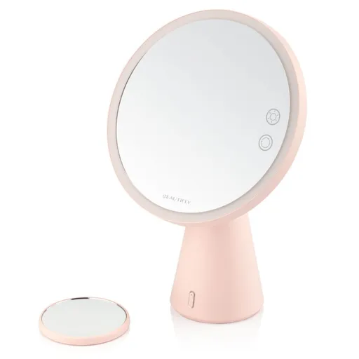 Oglinda cosmetica iluminata Smart Moon LED, Marire 10x, Lumina calda / neutra / rece, Luminozitate reglabila, Difuzor Bluetooth, Roz