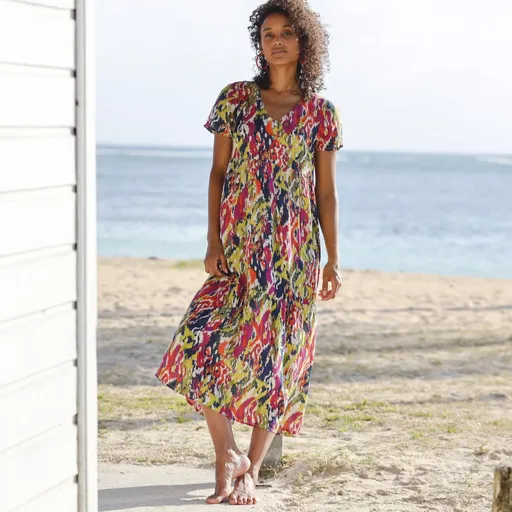 Rochie midi Crepon cu decolteu în V și imprimeu multicolor