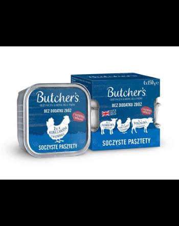 BUTCHER'S Original Pateu suculent Arome mixte cu ficat sau rinichi 4x150 g pateu cu carne de vită, cu miel și pui pentru câini