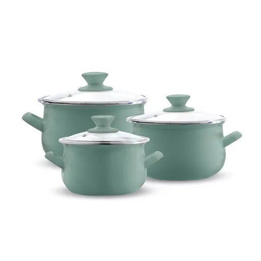 Set oale emailate 6 piese, Emalia Olkusz, 16 cm/18 cm/20 cm, 2 L/2.8 L/3.2 L, otel/sticla, verde