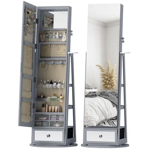 HOMCOM Oglindă portarbijuterii cu lumini LED Dulap portarbijuterii cu oglindă completă Rotativ de 360° Sertar Încuietoare Gri deschis | Aosom Romania