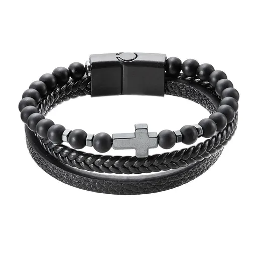 Evolution Group - Pavona Brățară elegantă din piele artificială cu mărgele 43044.3 neagră 23 cm