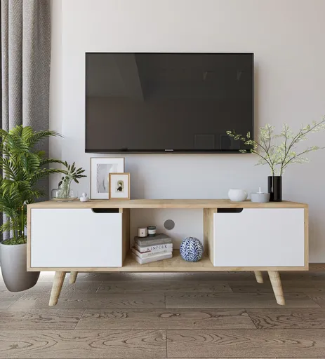 Comoda TV, Hanah Home, Siena, 139.7x53x53 cm, PAL, Stejar Safir / Alb