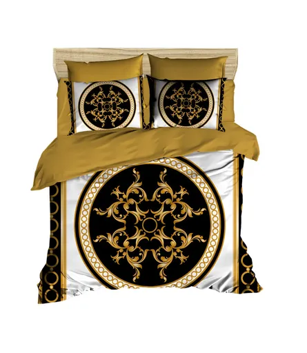 Lenjerie de pat dubla King (EU) (ES), 3 piese, L'essentiel Maison, 3D2, Negru / Auriu / Alb