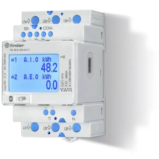 Contor de energie electrica trifazat cu masurare directa, activ-reactiv, NFC, digital, 80A dublu sens, 2 tarife, Finder 7M.38.8.400.0112