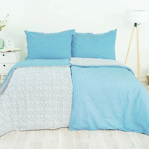 Stanex Lenjerie de pat din bumbac Flori-dungă albastru, 140 x 220 cm, 70 x 90 cm
