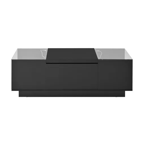Masă de cafea cu spațiu de depozitare, iluminare ambientală LED, blat din sticlă și 2 sertare, 105x50x35 cm, Negru