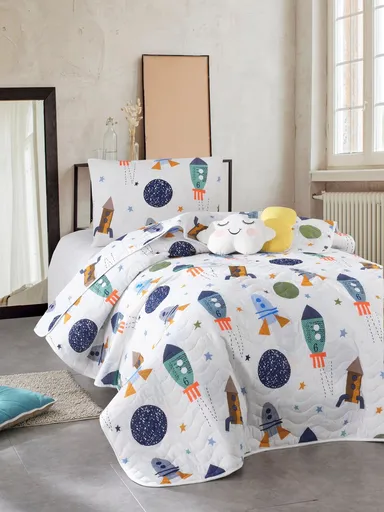 Set cuvertura Single 160x220 cm, 2 piese, L'essentiel Maison, Spacex, 65% bumbac/35% poliester, Albastru închis / Alb / Verde / Gri