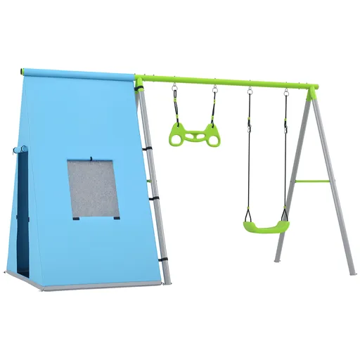 Set balansoar AIYAPLAY 3 in 1, Cort de Joacă, Balansoar, Inele de Gimnastică, Metal, Plastic, Verde | Aosom Romania