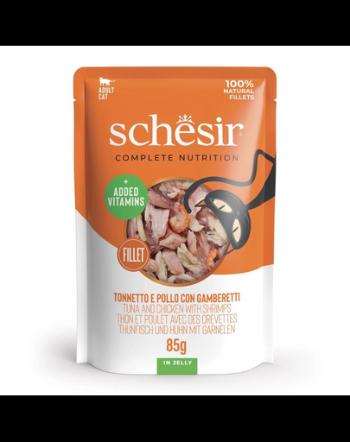 SCHESIR Jelly Adult Tuna&amp;Chicken&amp;Shrimps 85g ton, pui si creveti in aspic, hrana pisica
