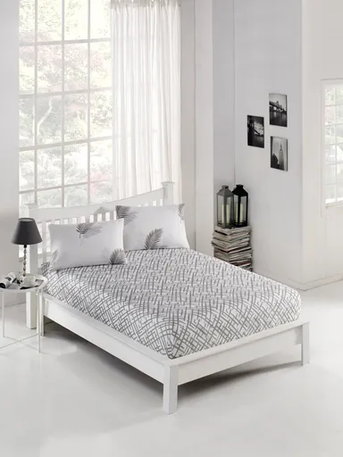 Set de pat pentru o persoana (cearceaf cu elastic si perna) 2 piese, L'essentiel Maison, Palma, 65% bumbac/35% poliester, Gri/Alb