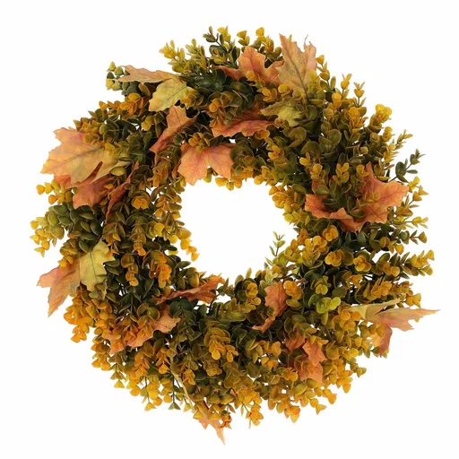 Coroană artificială de toamnă din eucalipt șifrunze de arțar, diametru 40 cm, portocaliu-verde, portocaliu