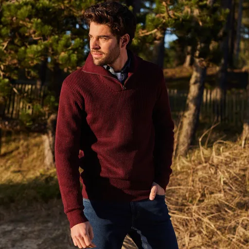 Pulover cu guler înalt cu fermoar, tricotat neted cu 30% lână
