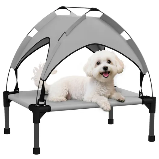 PawHut Pat pentru câini și pisici pe picioare, pat pentru câini ridicat, velum anti-UV din oxford, geantă de transport inclusă 61 x 46 x 63 cm gri | A