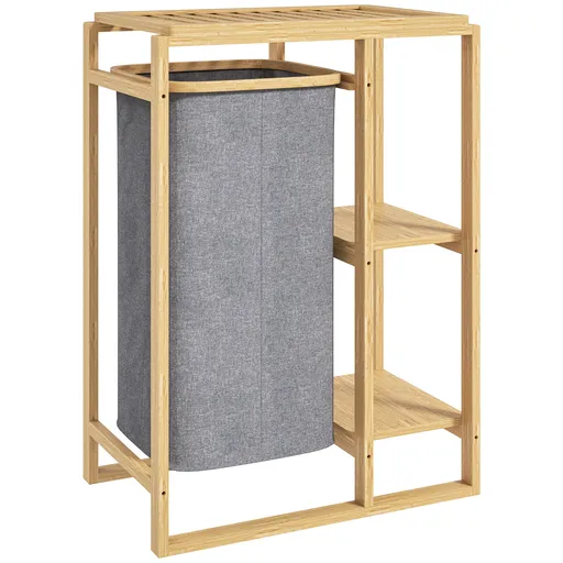 HOMCOM Coș Portabil pentru Rufe cu Sac Detașabil, Dulap Portabil pentru Rufe cu Rafturi din Bambus, 50x32x70 cm, Gri | Aosom Romania