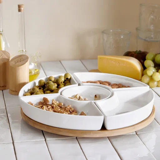 Platou servire cu tava rotativa Fincan, Homla, 30 cm, portelan/bambus, alb/natur