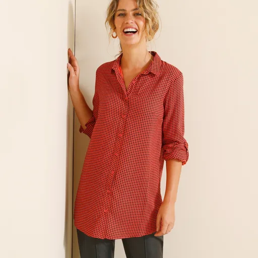 Cămașă lungă din crep cu imprimeu în carouri