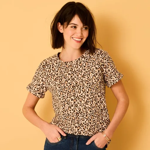 Tricou cu gât rotund și mâneci scurte, imprimat cu blană de animale