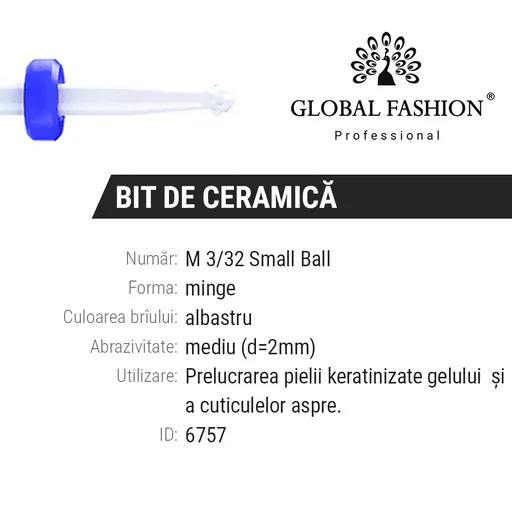 Bit Ceramica pentru Cuticula, Albastru, M 3/32 Small Ball (M)