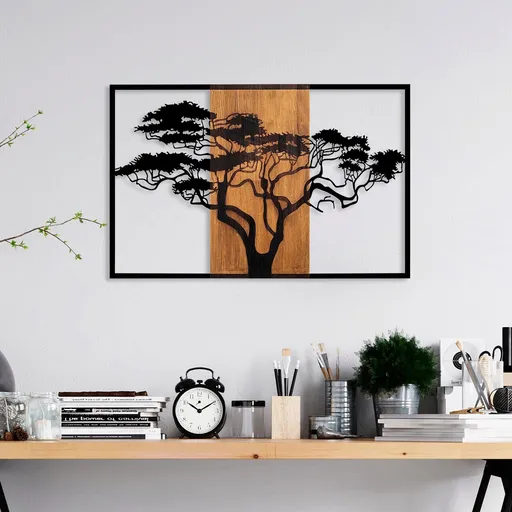 Decoratiune de perete, Acacia Tree, 90 x 58 cm, Nuc / Negru