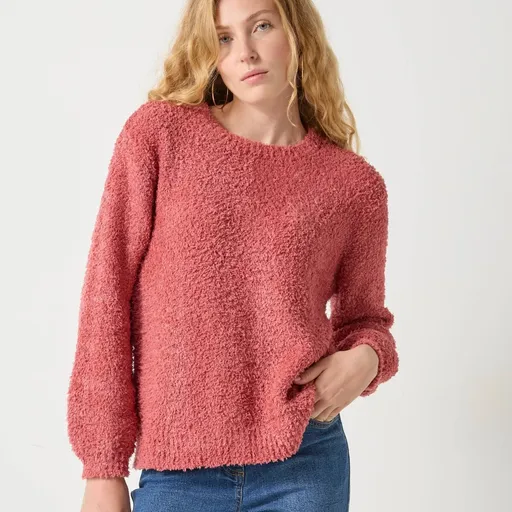 Pulover cu mânecă lungă și umeri căzuți, din material bouclé