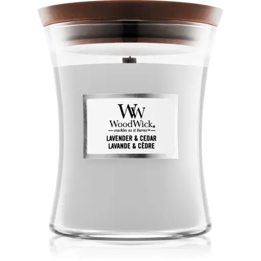 Woodwick Lavender & Cedar lumânare parfumată cu fitil din lemn 275 g