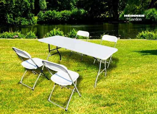 Set masa cu scaune pliabile Heinner, 180x70x74 cm/50x44x80 cm, otel/HDPE plastic, alb