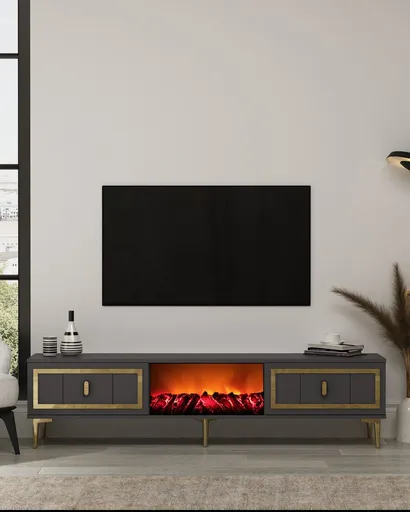 Comoda TV, Hanah Home, Orion Fireplace, 150x44.6x29.6 cm, PAL , Antracit / Aur