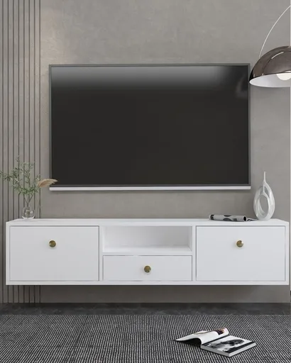 Comoda TV, Hanah Home, 1301-DROP-1, 140x30x30 cm, PAL , Alb/Auriu