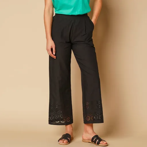 Pantaloni largi 7/8, broderie englezească