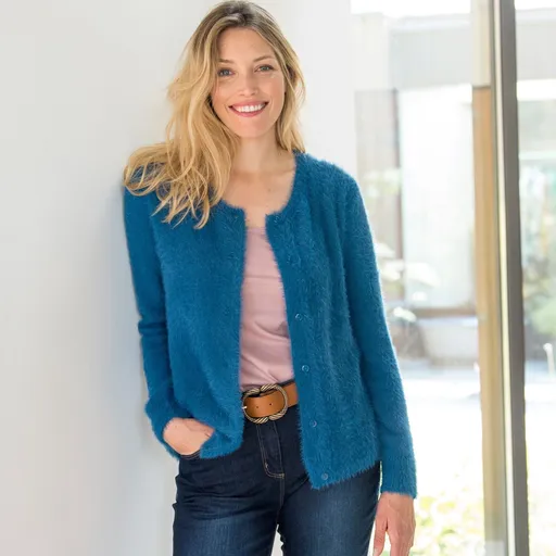 Pulover cu nasturi, tricotat cu puf