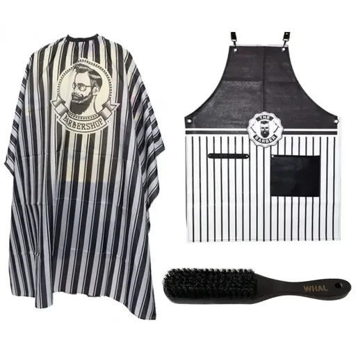Set Frizerie Barbero cu Pelerina Tuns, Sort Complementar si Perie Fade Whal cu Maner din lemn