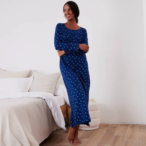 Cămașă de noapte lungă cu mâneci lungi și imprimeu cu funde