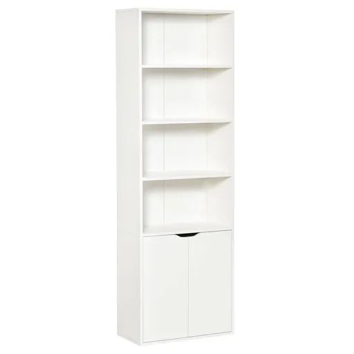 Biblioteca Moderna HOMCOM 4 Etajere cu Dulapior din Lemn cu 2 Usi, Mobilier Multifunctional pentru Living si Birou 59x29x180cm, Alba | Aosom Romania