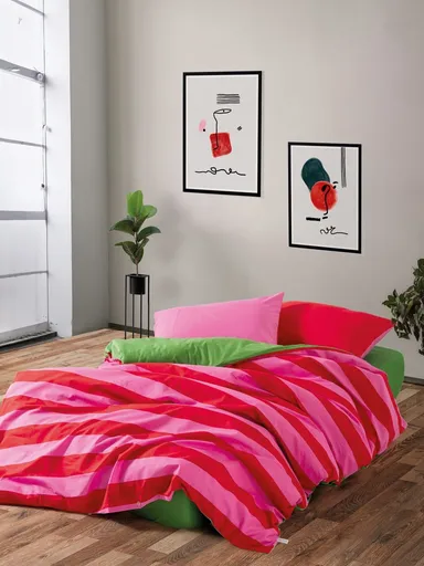 Lenjerie de pat pentru o persoana, L'essentiel Maison, Cherie, Bumbac Ranforce, Verde / Roz / Fuchsia