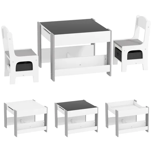 HOMCOM Set de Masă și Scaun pentru Copii, Set de Birou și Scaun pentru Copii 2-în-1 cu Tablă și Rafturi pentru Cărți, 61.5x61.5x48 cm, Gri | Aosom Rom