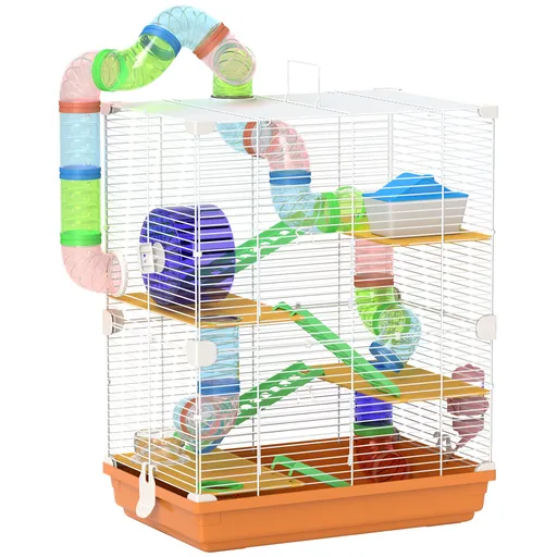 PawHut Colivie pentru hamster rozător 4 etaje cu tunele biberon roată casă scări dim. 46L x 30l x 58H cm portocaliu | Aosom Romania
