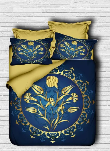 Lenjerie de pat dubla King (FR), 3 piese, L'essentiel Maison, 140, Aur / Albastru