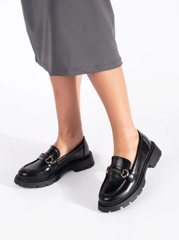 Mocasini negri confortabili pentru femei, cu toc plat