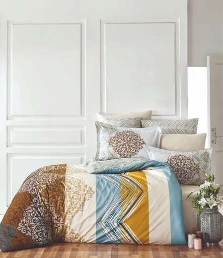 Lenjerie de pat pentru o persoana (EU) (IT), L'essentiel Maison, Julia, Alb / Maro / Albastru / Muștar