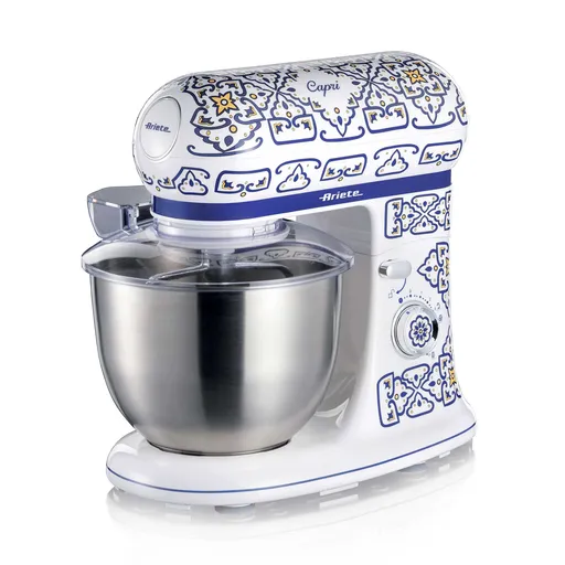Mixer planetar Ariete Capri 1588/0C, 2400W, 5.5 L, 7 viteze, Pulse, Design retro, Accesorii, Alb/Albastru