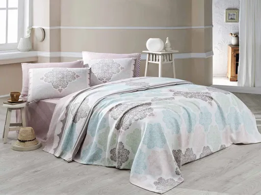 Set cuvertura pique dubla, L'essentiel Maison, Andalucia, Bumbac, Alb / Turcoaz / Verde / Bej