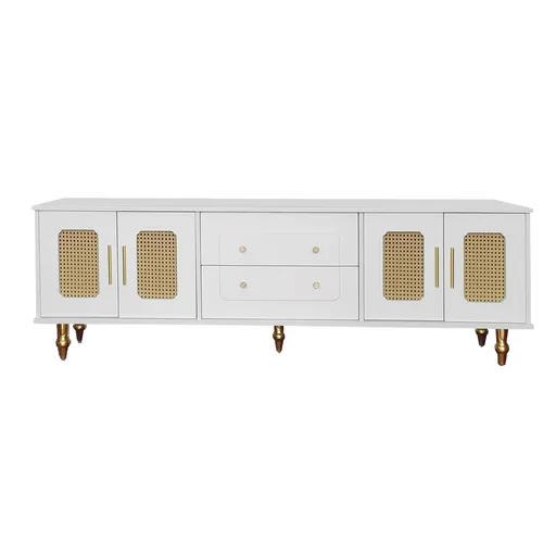 Comodă TV în stil retro cu mânere aurii, uși din ratan și picioare din metal, spațiu de depozitare generos, 175x38x55,5 cm, alb