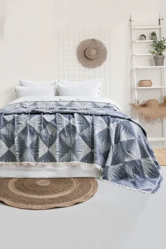 Set cuvertura de pat dubla 3 piese, L'essentiel Maison, Dolce, Bumbac , Albastru navy