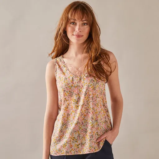 Top cu decolteu în V cu imprimeu și dantelă