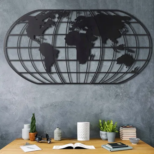 Decoratiune de perete, World Map Globe Led, Dimensiune: 60 x 120 cm, Negru