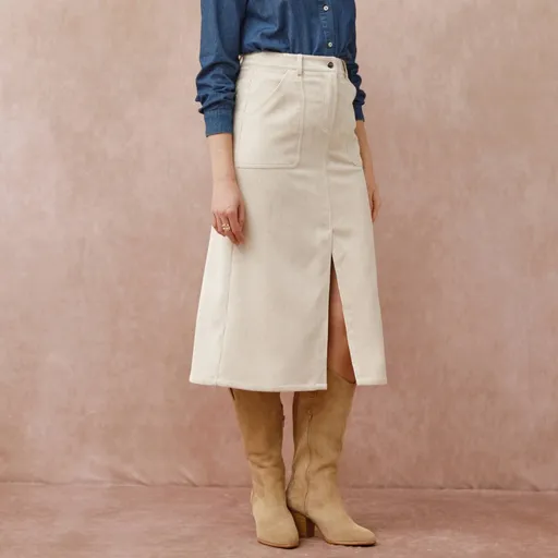 Fustă midi cu buzunare și crăpătură frontală, din catifea reiată